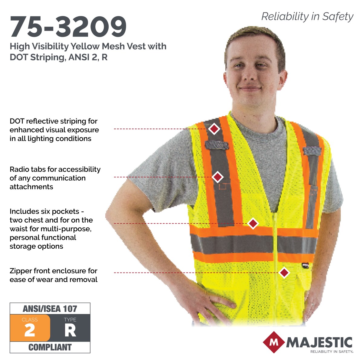 High Visibility Mesh Vest with DOT Striping, ANSI 2, R | Majestic